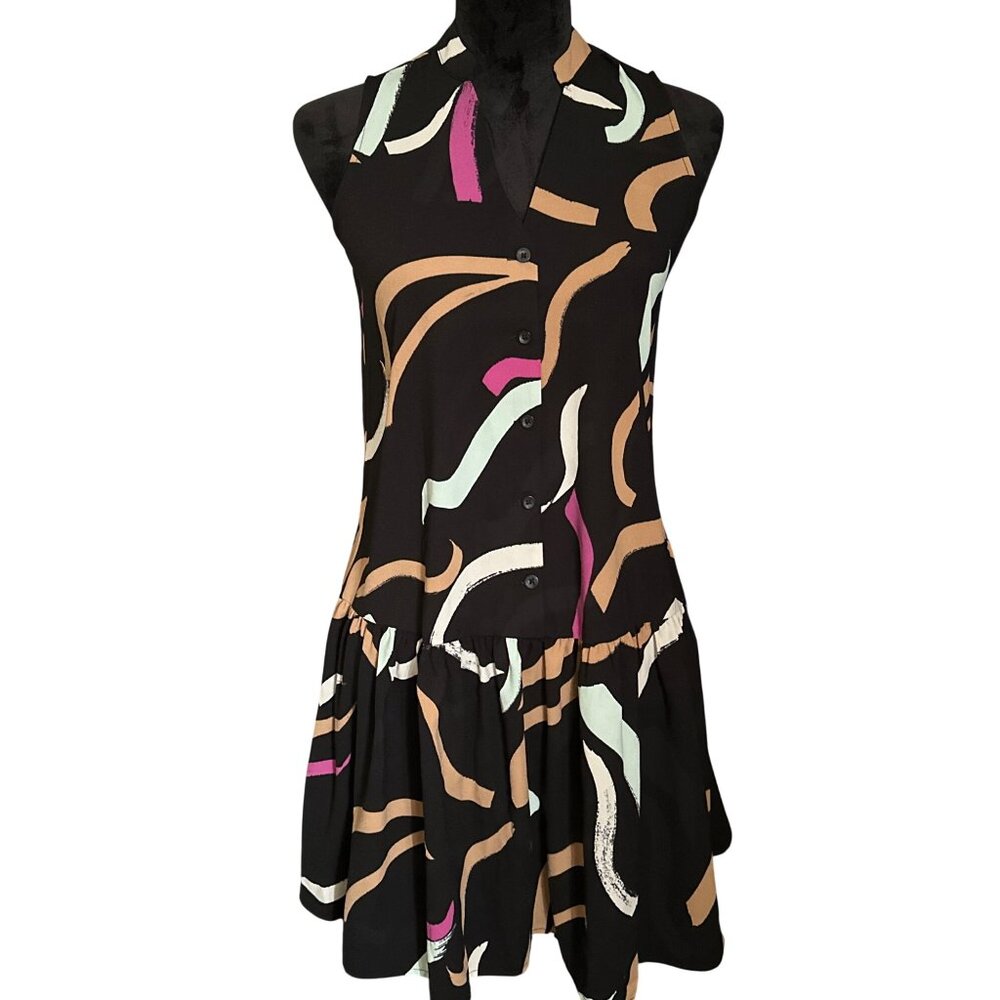 Nine West XS Black & Multicolor Abstract Print Sleeveless Button-Down Drop-Waist
